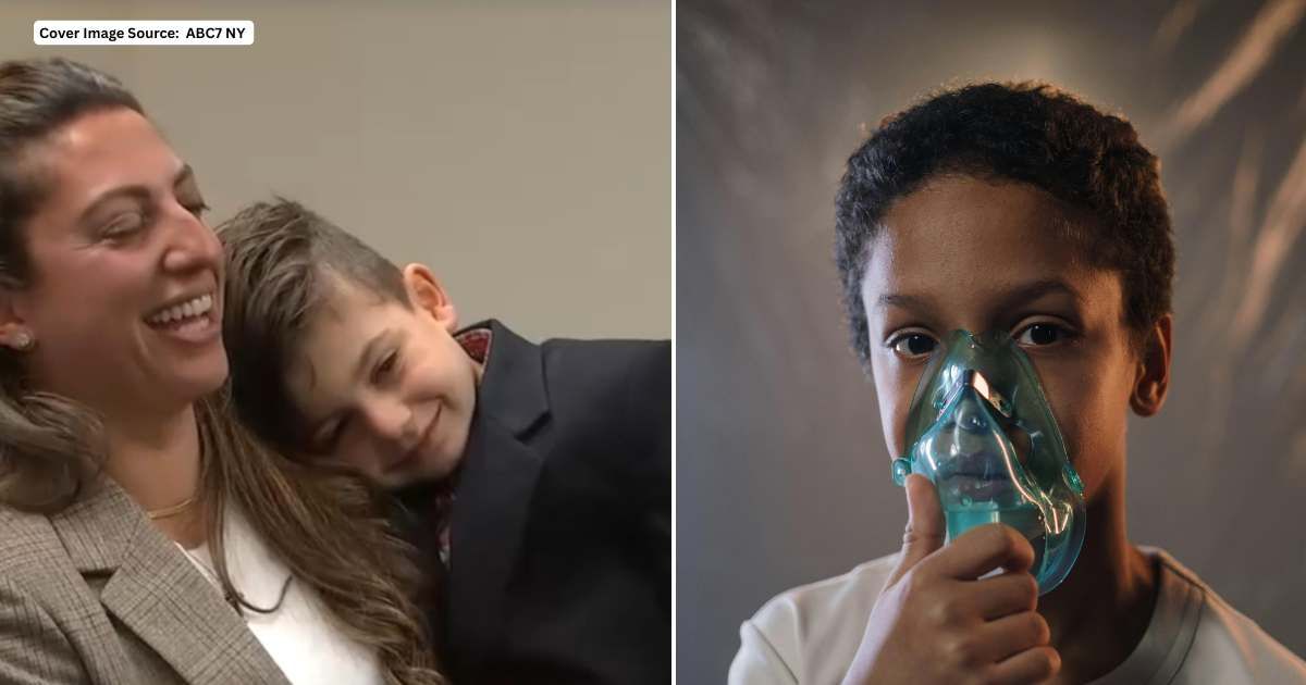 (L) Jack with his mother, Maria. (Cover Image Source: ABC7 NY) (R) A  boy running with an oxygen mask. (Representative Cover Image Source: Pexels | CottonBro Studios)