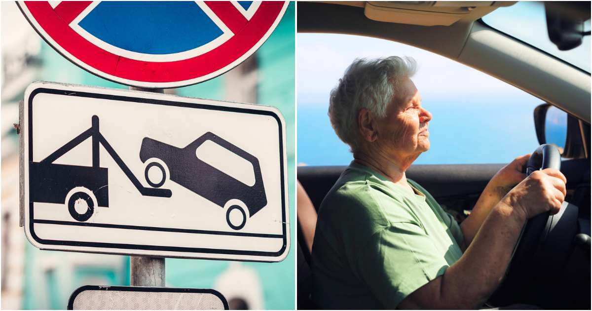 (L) Car towing sign; (R) An old lady driving her car. (Representative Cover Image Source: Getty Images | Photo by (L) kolderal; (R) Mariia Zotova)