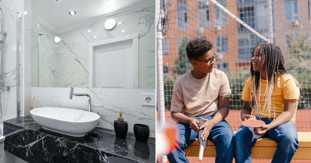(L) The inside of a bathroom. (R) Two teens talking to each other. Representative Cover Image Source: Pexels | Max Vakhtbovycn; Getty Images | Mariia Vitkovska