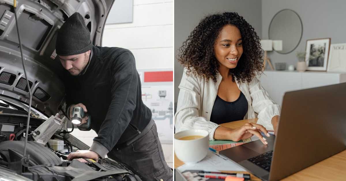 (L) Man looking at a damaged car. (R) Woman typing something on a laptop. Representative Cover Image Source: Pexels | Andrea Piacquadio; Antoni Shkraba Studio