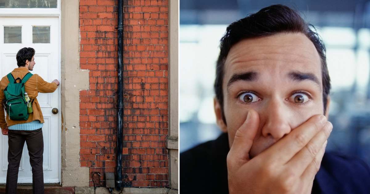 (L) A man standing in front of the door of a house. Representative Image Source:  Getty Images | SolStock (R) A man looking shocked as he covers his mouth. Representative Image Source:  Getty Images | Laurence Monneret