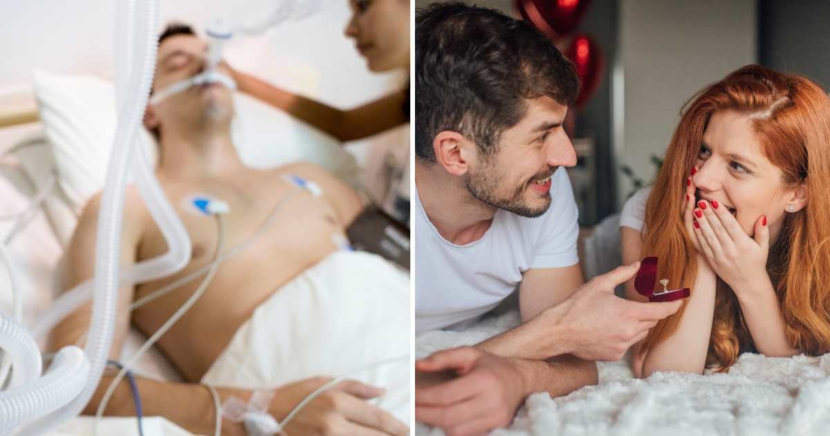 (L ) A coma patient lying in a hospital bed ; (R) A woman accepting a man's wedding proposal (Representative Cover Source: Getty Images | stock photo)