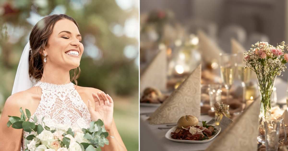 (L)  A bride wearing a white gown with a veil, smiling. Representative Image Source:  Getty Images | Kobus Louw  (R)  An image of a wedding dinner table with food and drinks. Representative Image Source: Getty Images | SimpleImages