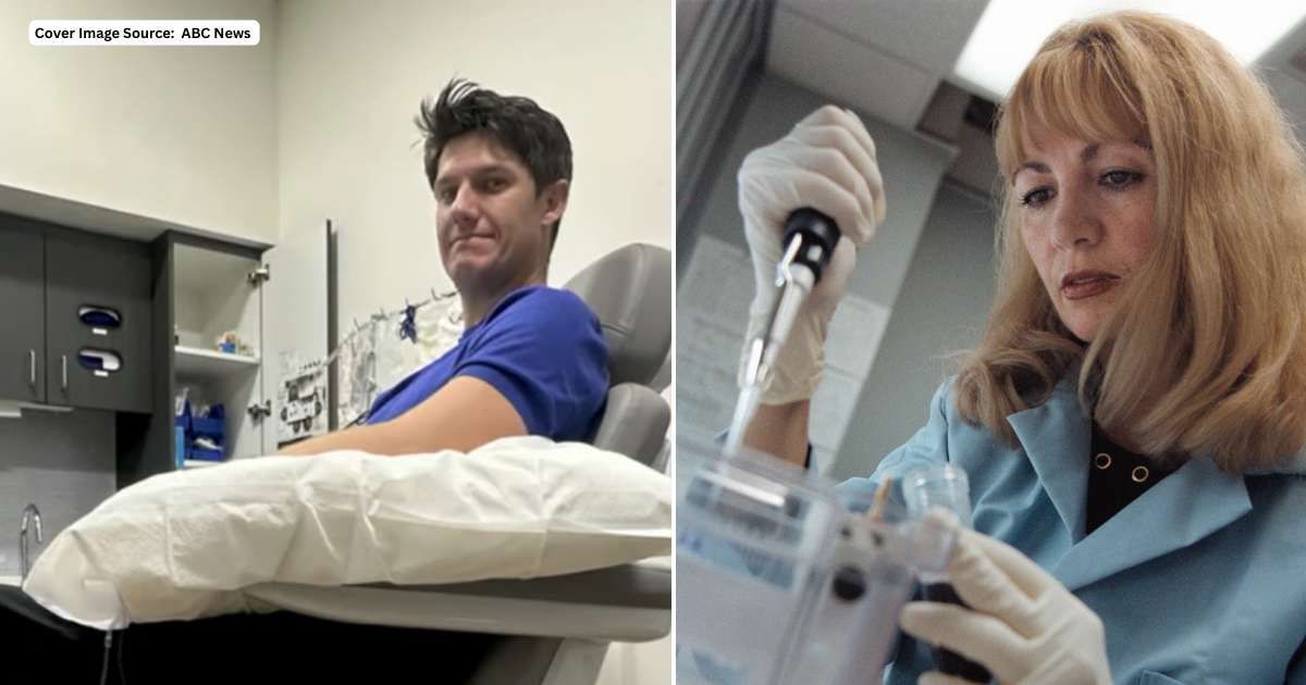 (L) Trevor Ault making a stem cell donation. Cover Image Source: ABC News (R) A researcher conducting medical tests. Representative Image Source: Getty Images | Tim Boyle/Staff
