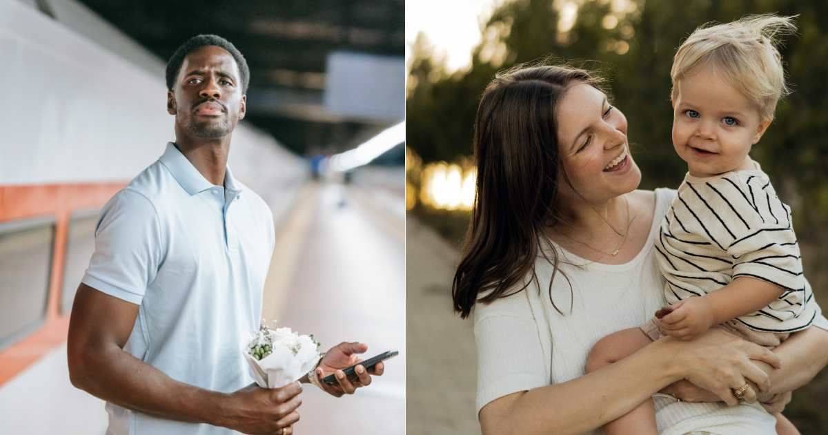 (L) Man holding flowers waiting for date looks skeptical. (R) Mom holding toddler and smiling. (Representative Cover Image Source: Pexels| (L) Liliana Drew, (R) Seljan  Salimova)