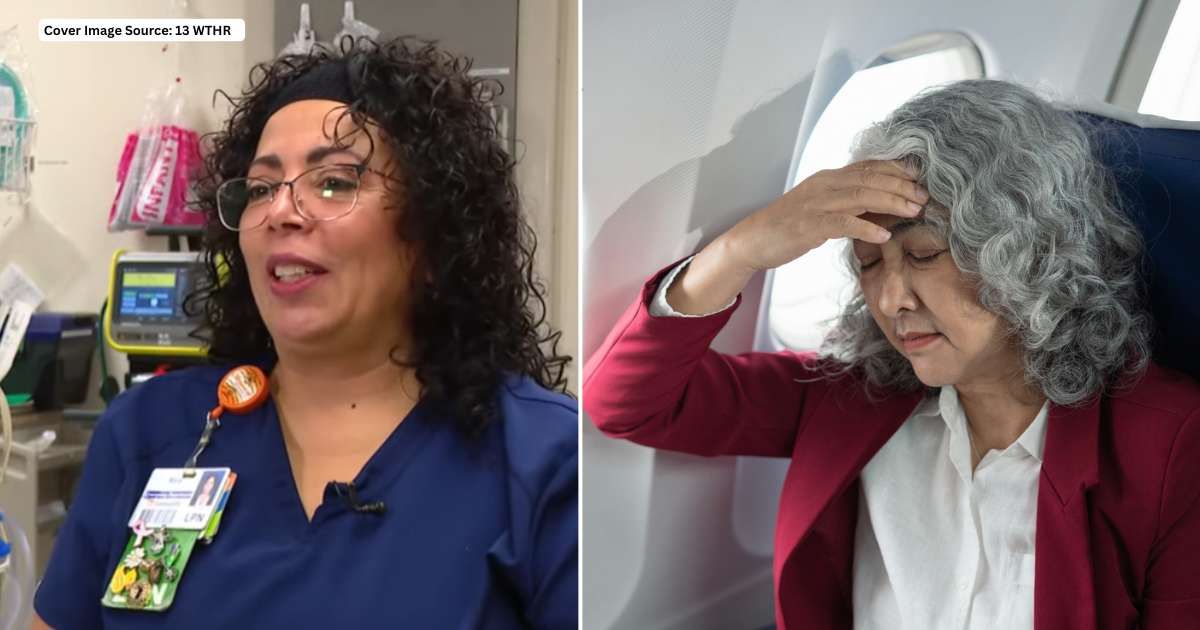 (L) An image of ER Nurse Mary Swain. Cover Image Source: 13 WTHR (R) An elderly woman sitting in a plane and not doing well. Representative Image Source:  Getty Images| Thicha Satapitanon