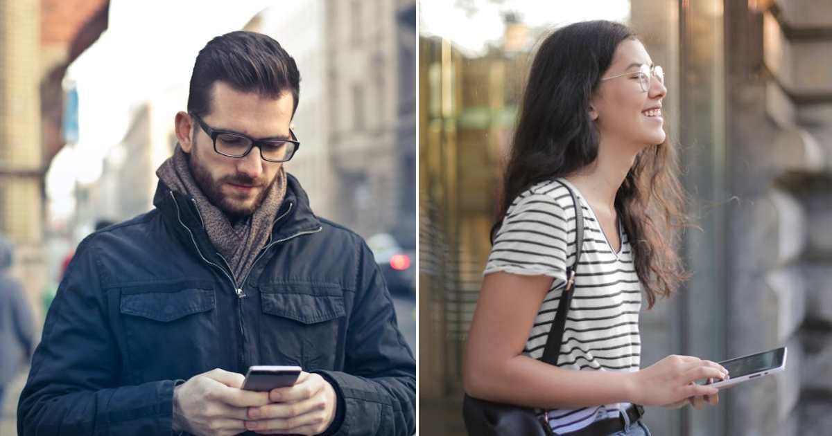 (L) Man looking at phone. (R) Woman laughing while texting. Representative Cover Image Source: Pexels | Andrea Piacquadio