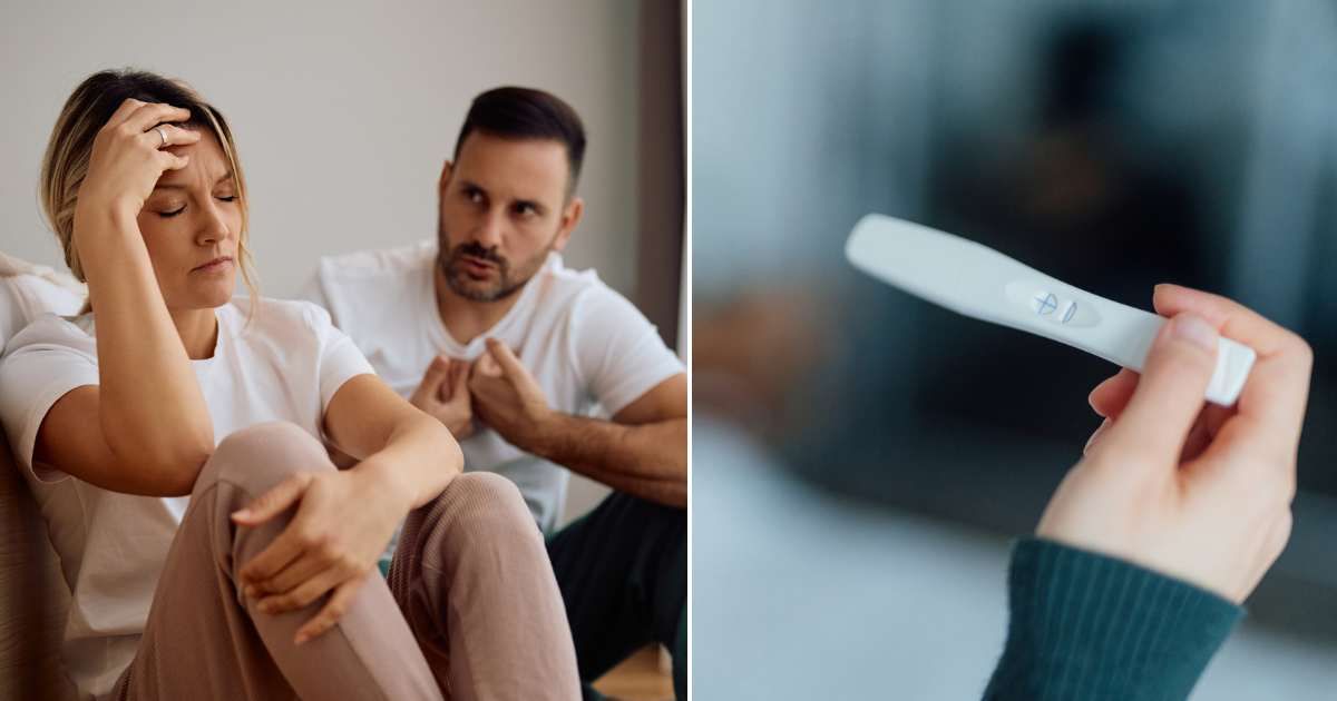 (L)  A woman and her husband are upset during an argument in the bedroom. Representative Cover Image Source:  Getty Images | Drazen Zigic (R) A woman holding a home pregnancy test. Representative Cover Image Source: Getty Images | Oscar  Wong 
