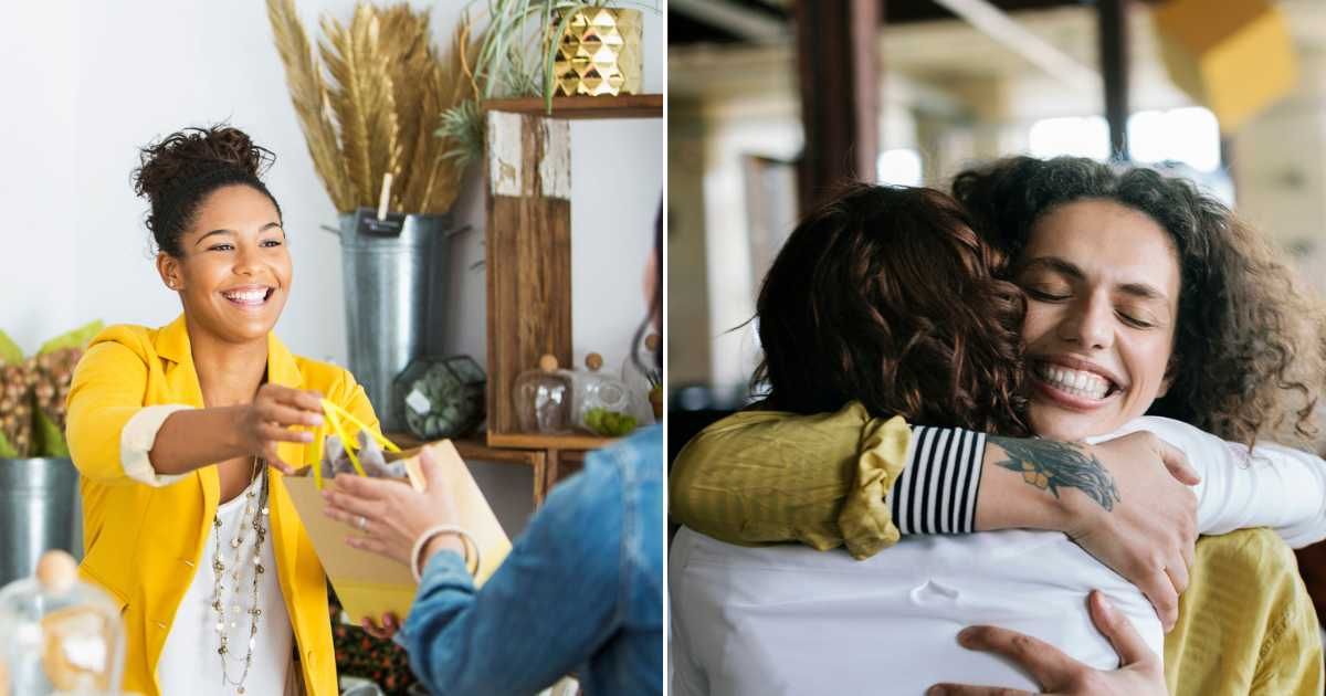 (L) Cashier smiling at a customer. (R) Two women hugging each other. Representative Cover Image Source: Getty Images | kali9; Hinterhaus Productions