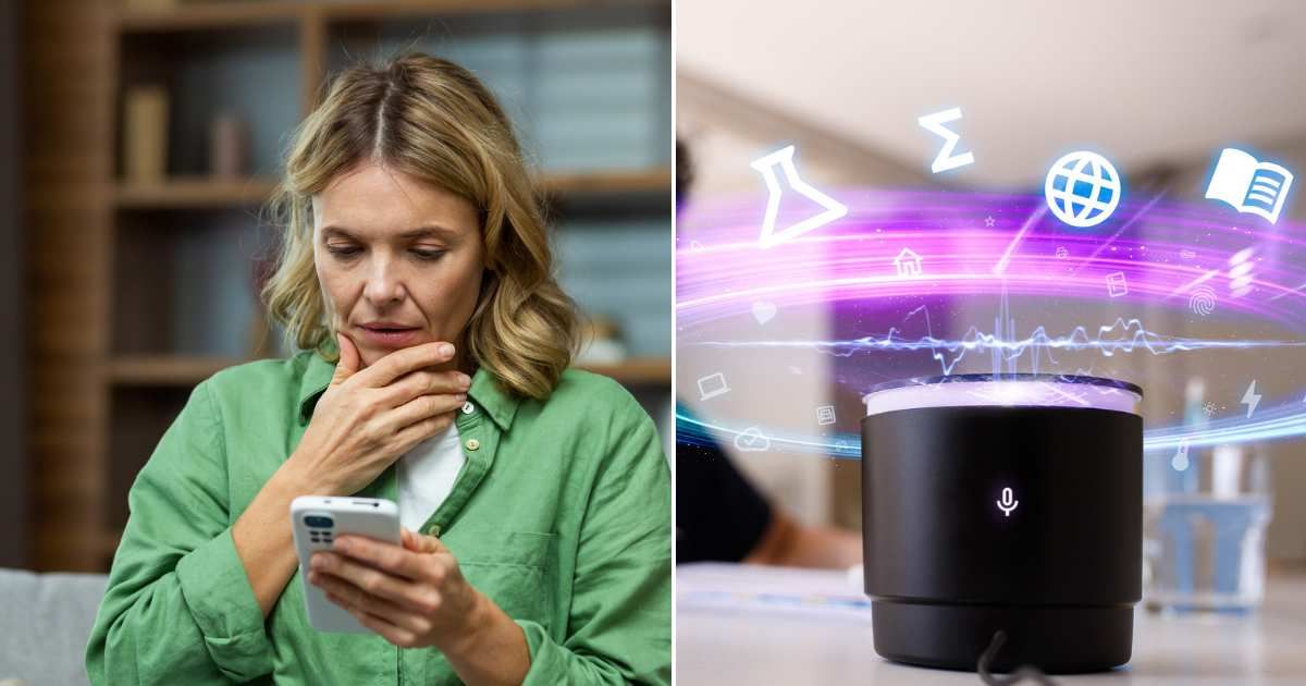 (L) A woman is worried and sitting on the sofa, looking at the phone. Representative Cover Image Source:  Getty Images |  Liubomyr Vorona (R) A smart speaker device on the desk. Representative Cover Image Source:  Getty Images |  Capuski