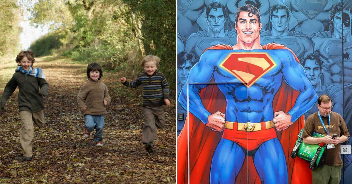 (L) Three brothers running down country road. (R) A Superman poster at a 2025 Comic-Con. Representative Cover Image Source: Getty Images | (L) stock photo; (R) Frazer Harrison