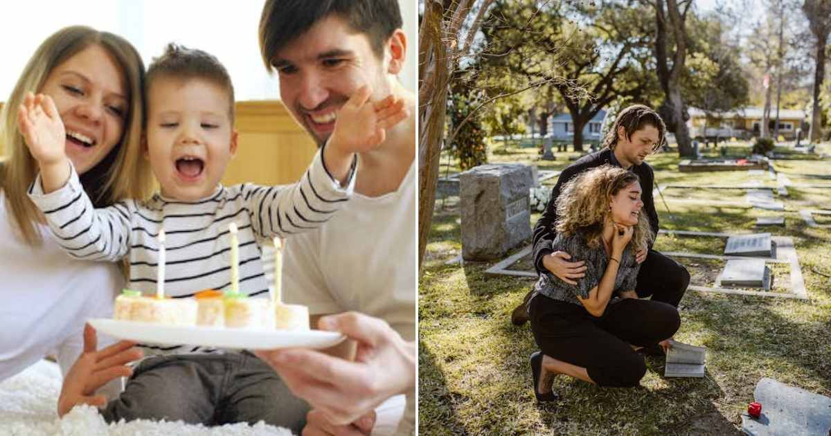(L) Parents and son singing happy birthday. (R) Parents crying near a grave. Representative Cover Image Source: Pexels | Vitaly Gariev; RDNE Stock project