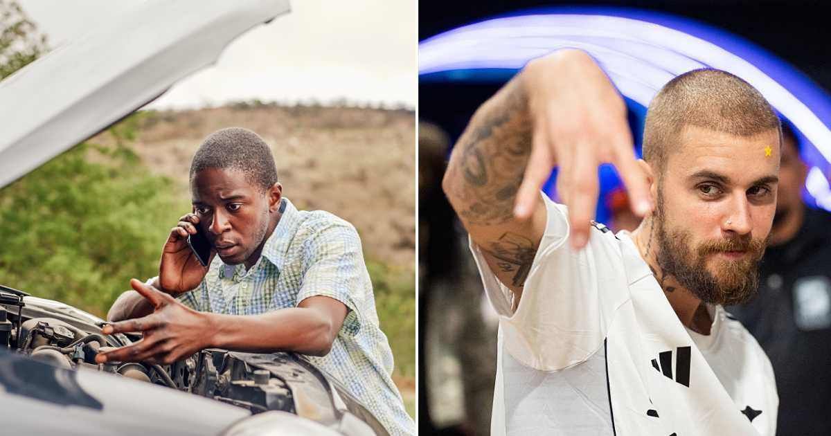 (L) Man standing next to a broken down car. (R) Justin Bieber poses on the court during his futsal game at The League on October 14, 2025 in Los Angeles, California. Representative Cover Image Source: Getty Images | Moyo Studio; Cassy Athena