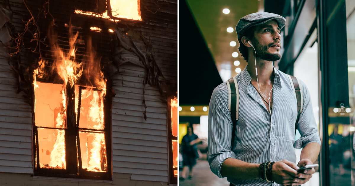 (L) A house on fire. (R) Man looking ahead while walking on a street. Representative Cover Image Source: Getty Images | Marcia Straub; South_agency
