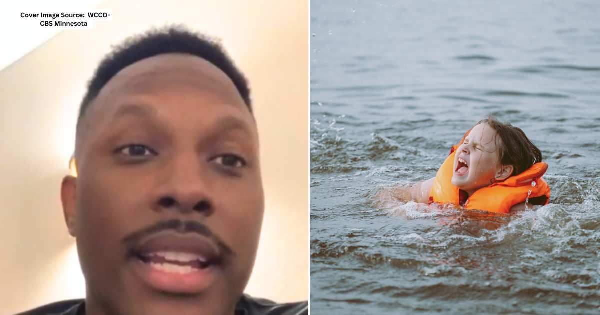 (L) Kayaker, David Jones Jr. Cover Image Source: WCCO-CBS Minnesota (R) Crying child in life jacket struggling in water. Representative Cover Image Source: Getty Images | Iuliia Burmistrova