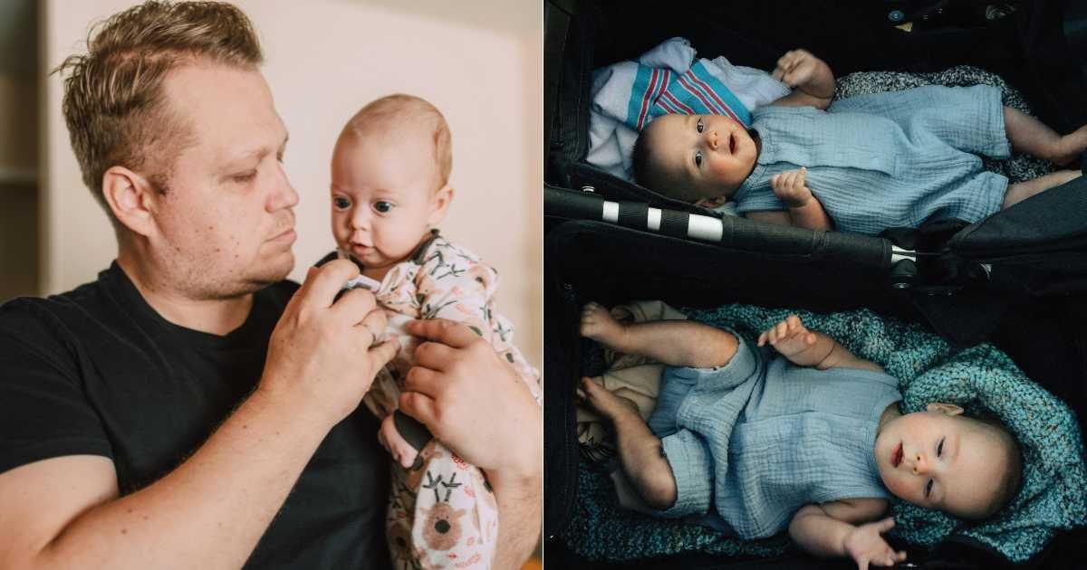 (L) Exhausted dad trying to get infant to sleep. (R) Twins in different bassinets. (Representative Cover Image Source: L - Pexels| RDNE Stock Project,  R - Unsplash| Brooke Balentine)
