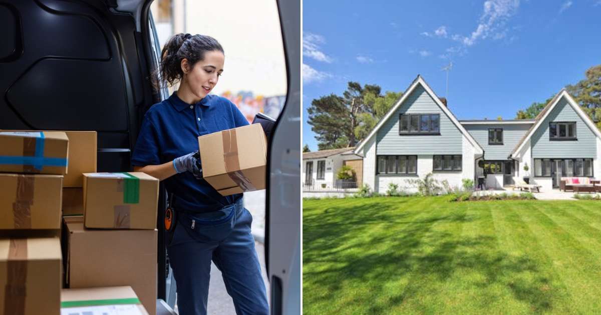 (L) Woman looking at parcel before delivery. (R) A house with an open space. Representative Cover Image Source: Getty Images | Luis Alvarez; Pexels | Pixabay