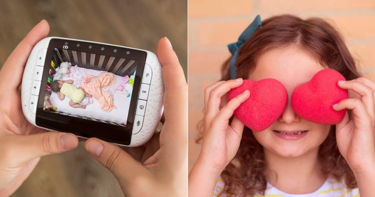 (L) Mom looking at baby monitor. Representative Cover Image Source: Getty Images | stock photo (R) Girl covering her eyes with hearts. Representative Cover Image Source: Getty Images | cristinairanzo