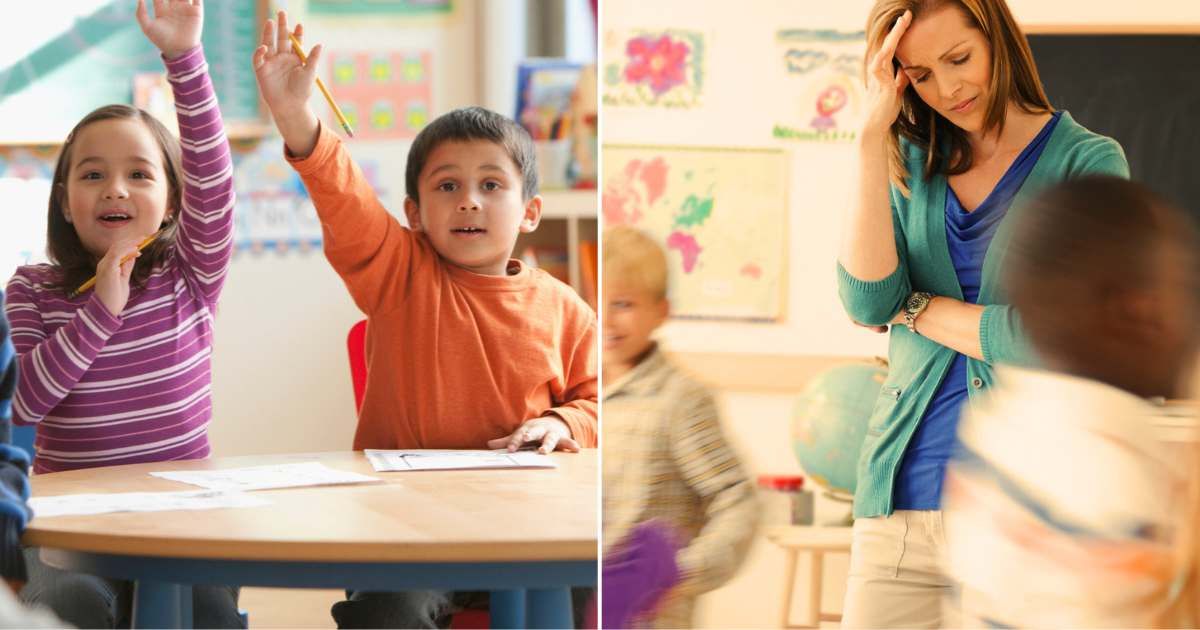 (L)  Students raising hands in the classroom. Representative Cover Image Source: Getty Images | Jose Luis Pelaez Inc (R) A teacher in the class, looking tense. Representative Cover Image Source: Getty Images | Tetra Images - Jamie Grill