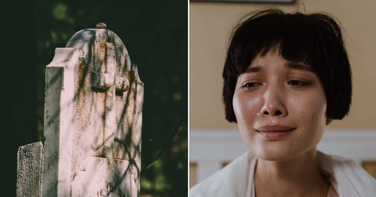 (L) A graveyard. (R) Woman crying while looking ahead. Representative Cover Image Source: Pexels | Brett Sayles; cottonbro studio