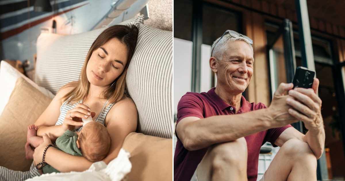 (L) New mom with her baby. (R) Old man using phone. Representative Cover Image Source: Pexels | RDNE Stock project; Getty Images | Olga Pankova