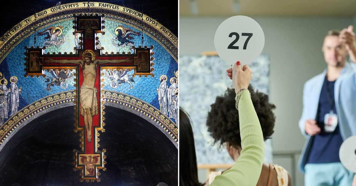 (L) Cross with a painting of Jesus Christ hangs over the altar at Westminster Cathedral during Ash Wednesday mass. (R) People at an auction. Representative Cover Image Source: Getty Images | Peter Macdiarmid; Pressmaster