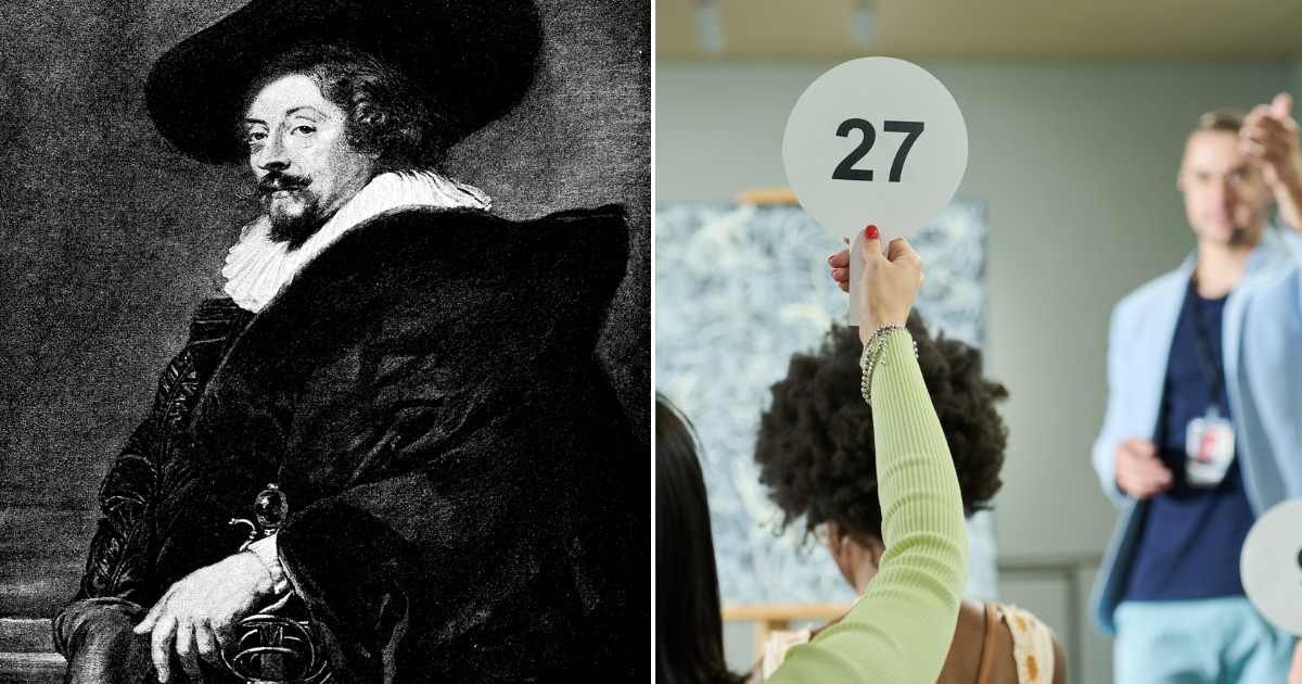 (L) Portrait of the painter, Sir Peter Paul Rubens. (R) People at an auction. Representative Cover Image Source: Getty Images | Mikroman6; Pressmaster