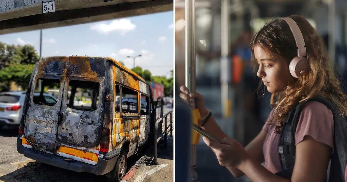 (L) A burnt school bus. (R) A girl on board a bus. Representative Cover Image Source: Getty Images | Alexey Protasov; Skynesher