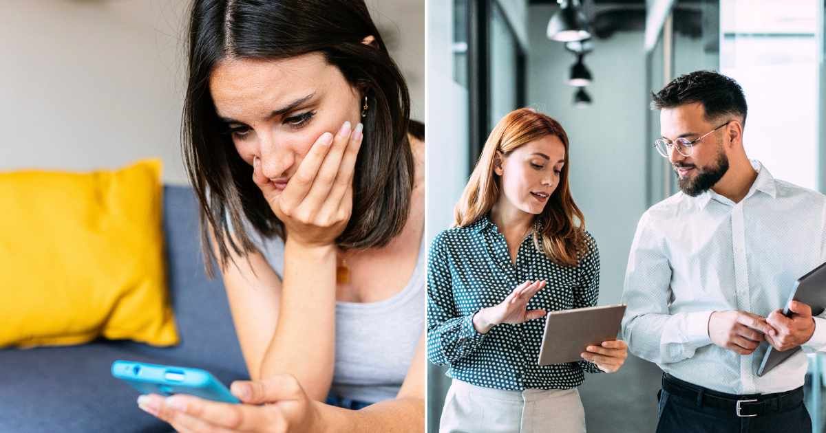 (L)  Unhappy woman reading something on a smartphone. Representative Cover Image Source: Getty Images | Xavier Lorenzo  (R)  Two coworkers having a discussion in the office. Representative Cover Image Source: Getty Images | 	VioletaStoimenova