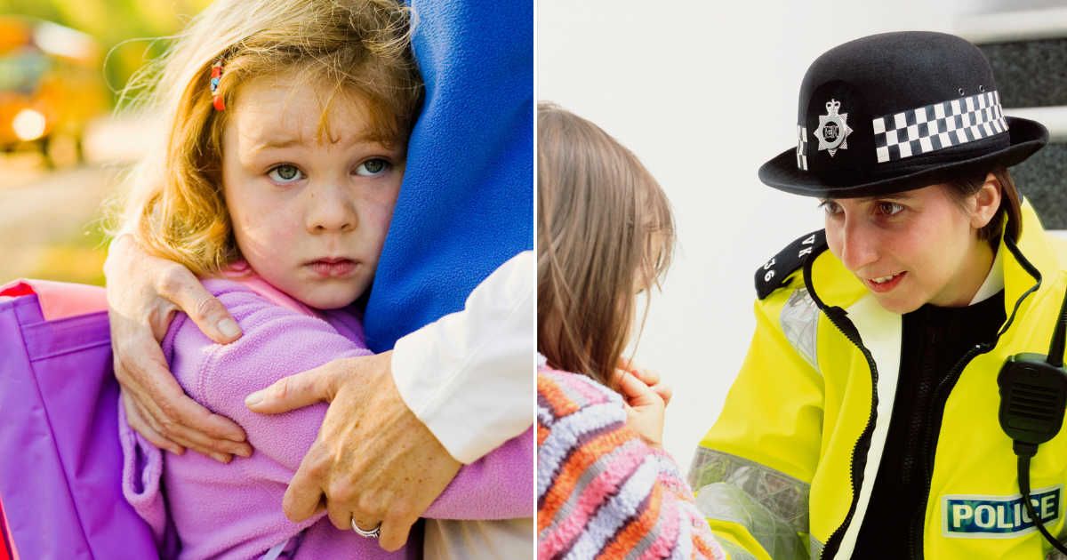 (L) Scared little girl hugging her mom after school. (R) Police officer talking to a scared little girl. Representative Cover Image Source: Getty Images | Jim Craigmyle; Peter Dazeley