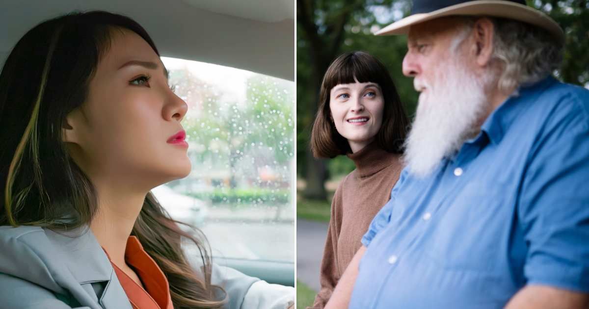 (L) Woman crying inside her car. (R) Old man talking to a young woman. Representative Cover Image Source: Getty Images | Pony Wang; Westend61