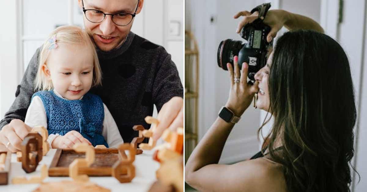 (L) Dad and daughter sitting with each other. (R) Woman filming something. Representative Cover Image Source: Pexels | Karola G; Karl Solano