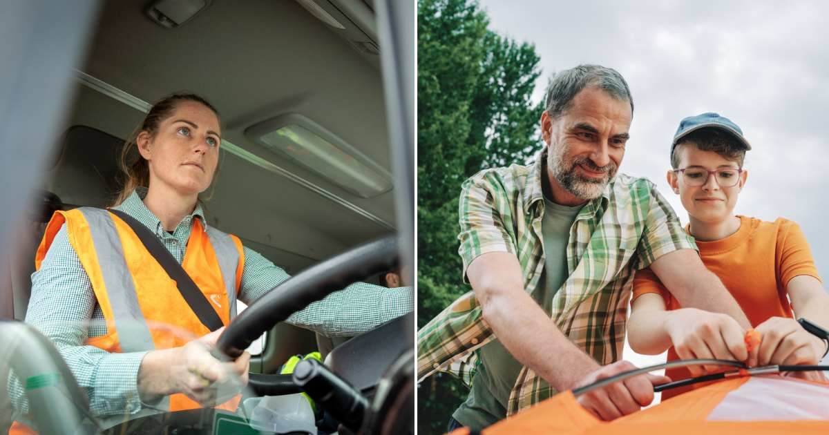 (L) Woman driving a truck. (R) Father and son in an outdoor space. Representative Cover Image Source: Getty Images | Jessie Carson; Tatiana Sviridova