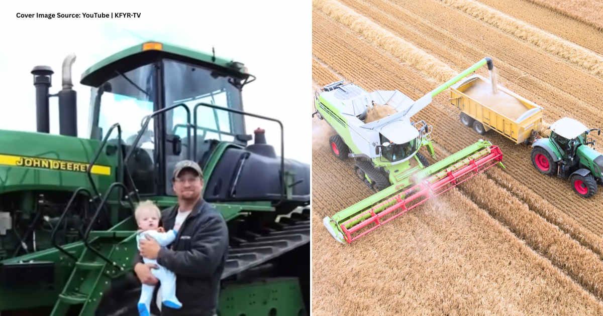 (L) Randy Fyllesvold with his child. Cover Image Source: YouTube | KFYR-TV (R)  Large combine harvesting crop and filling a tractor-trailer. Representative Cover Image Source: Getty Images | Richard Newstead