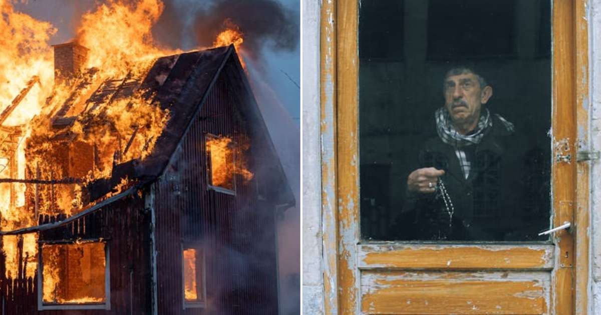 (L) House on fire. (R) Old man at the window. Representative Cover Image Source: Pexels | Jani Kantokoski; Mehmet Turgut Kirkgoz