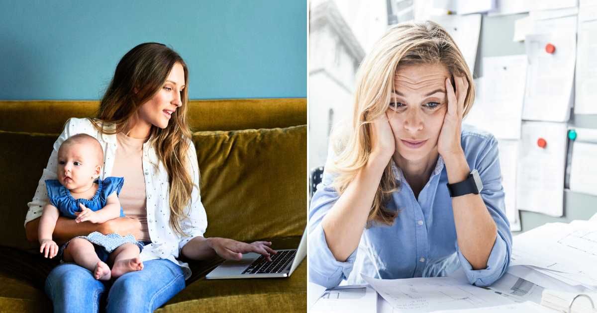 (L) Mother sitting with newborn baby and laptop. Representative Cover Image Source: Getty Images | Klaus Vedfelt (R)  Stressed woman sitting at desk in office. Representative Cover Image Source: Getty Images | Westend61