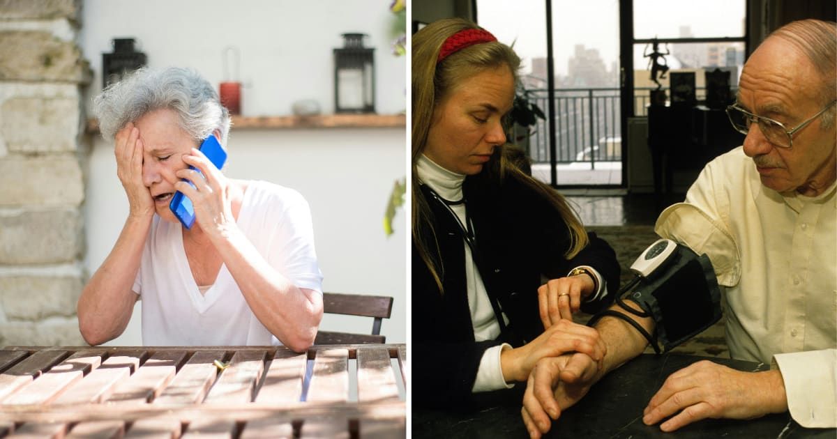 (L) Old woman talking on the phone, distressed. Representative Cover Image Source: Pexels | Kampus Production (R) Nurse checking old man's vitals. Representative Cover Image Source: Getty | Andrew Holbrooke