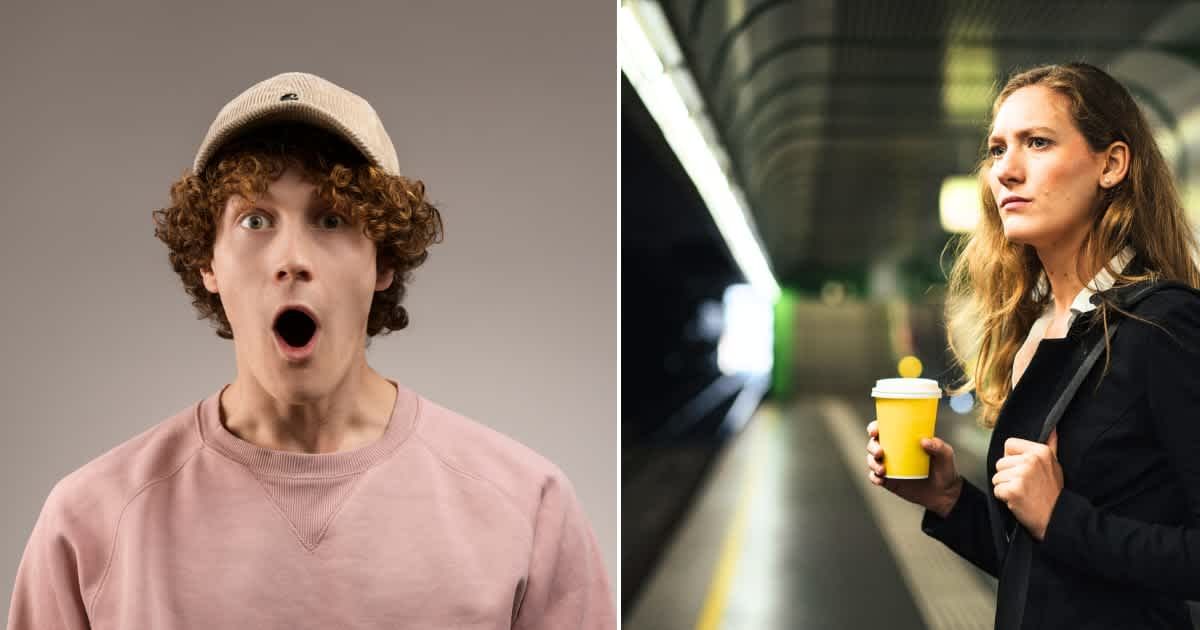 (L) A young man looking surprised. Representative Cover Image Source: Getty Images |  Roose Koole (R) A woman standing at a subway station, holding coffee and waiting for a train. Representative Cover Image Source: Getty Images | Johnce