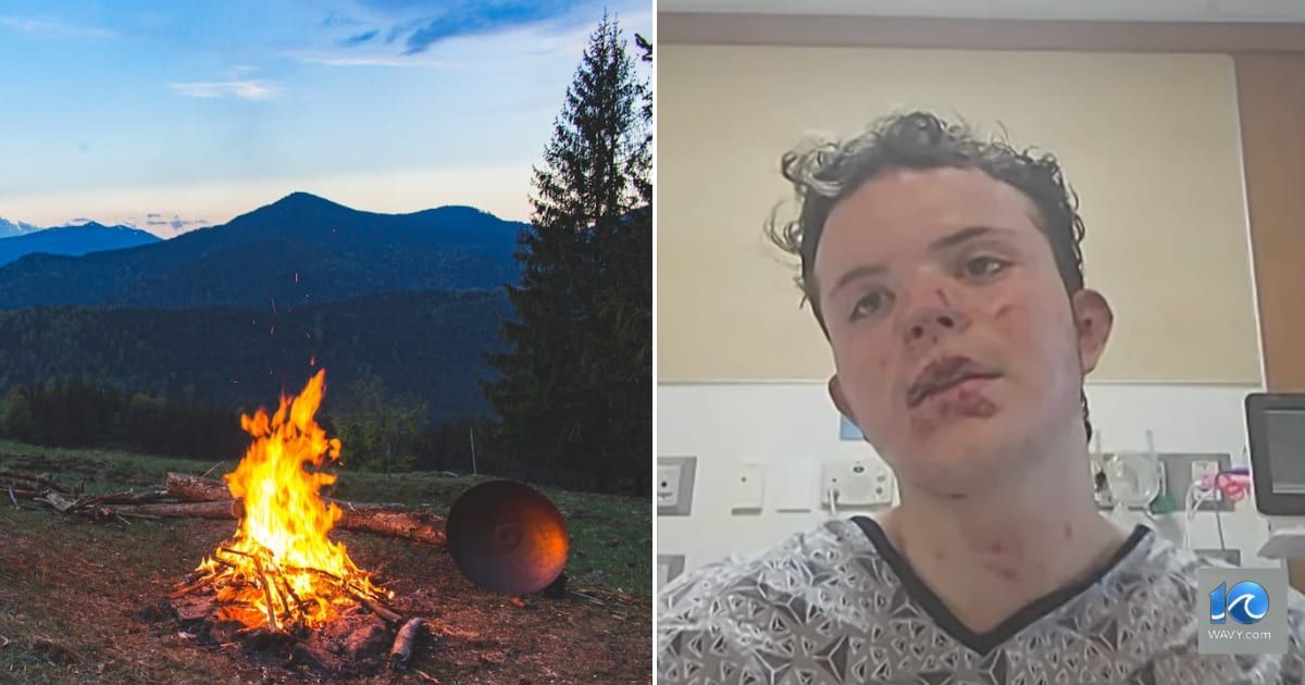 (L) A bonfire near a mountain region. (R) The teen boy at the hospital. Representative Cover Image Source: Pexels | Vlad Bagacian; YouTube | WAVY TV 10