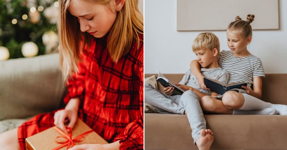 (L) Girl opening her Christmas present. (R) Girl spending time with little brother. Representative Cover Image Source: Pexels | Karola G; olia danilevich