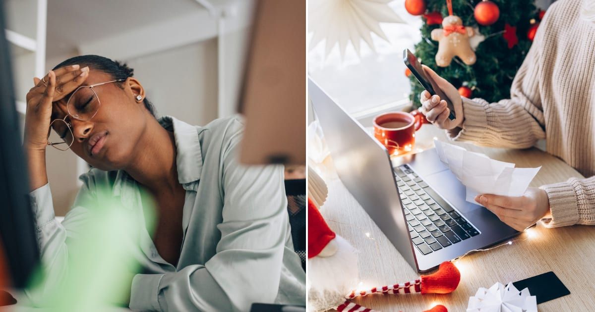 (L) A woman at office looking stressed.   Representative Cover Image Source: Getty Images |  Maskot (R) A woman working on a laptop around a Christmas Setup. Representative Cover Image Source: Getty Images | 	Olha Danylenko