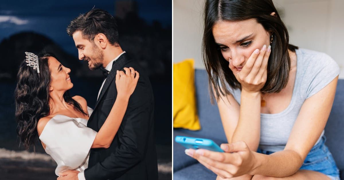 (L) Couple at the altar. (R) Woman looking upset while looking at phone. Representative Cover Image Source: Pexels | Hatice Baran; Getty Images | Xavier Lorenzo