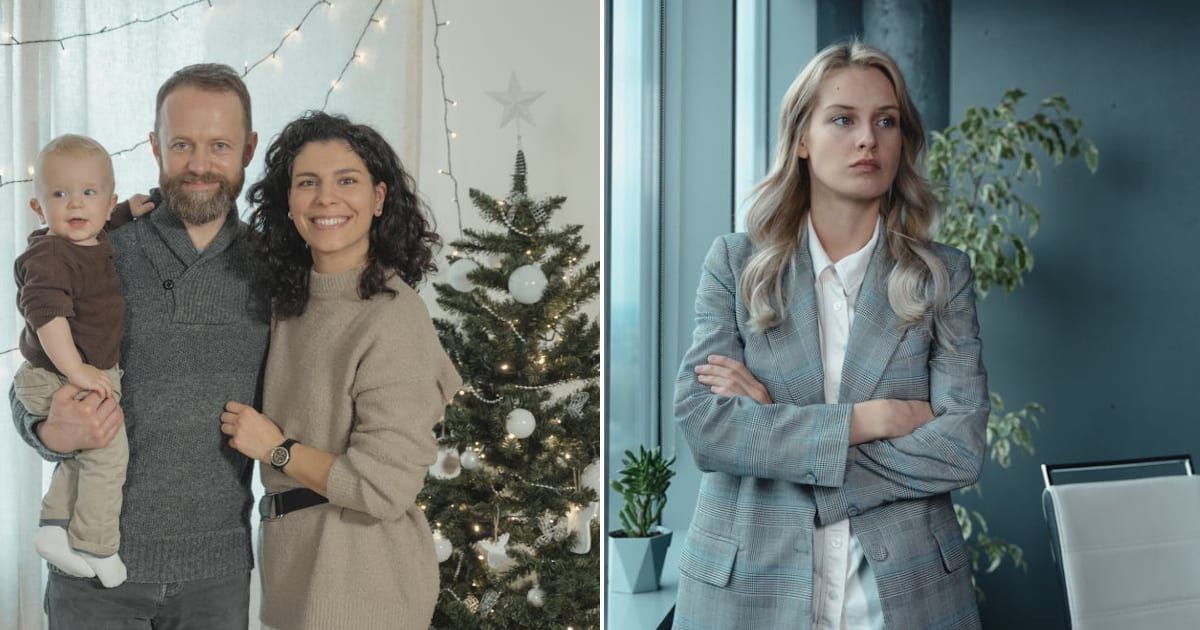 (L) Couple with a baby posing for a Christmas photo. (R) Woman looking upset about something. Representative Cover Image Source: Pexels | Tima Miroshnichenko