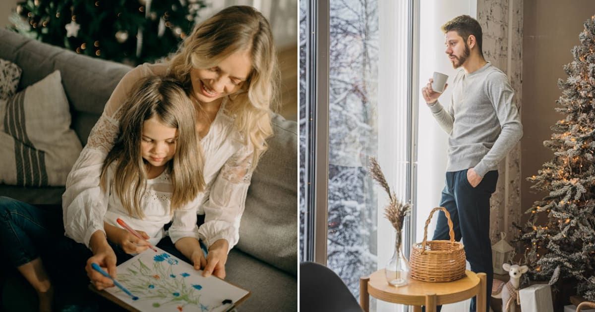 (L) Woman drawing Christmas tree with daughter during holiday season. (R) Man standing beside Christmas tree and looking distant. Representative Cover Image Source: Pexels | cottonbro studio; Alex Urezkov