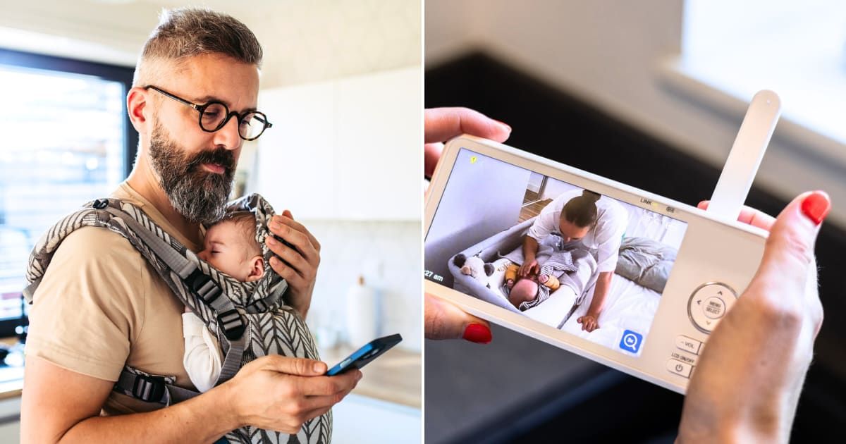 (L) Father scrolling on a smartphone while the newborn child sleeps. Representative Cover Image Source: Getty Images | HalfpointImages (R) A woman using a Baby Monitor. Representative Cover Image Source: Getty Images | SolStock