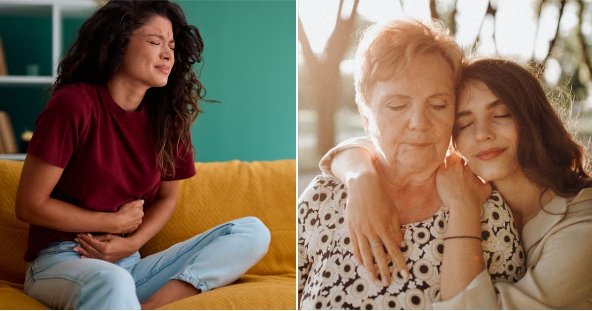(L) Woman suffering from strong abdominal pain. Representative Cover Image Source: Getty | Igor Suka (R) Mom and daughter hugging each other. Representative Cover Image Source: Pexels | Danik Prihodko