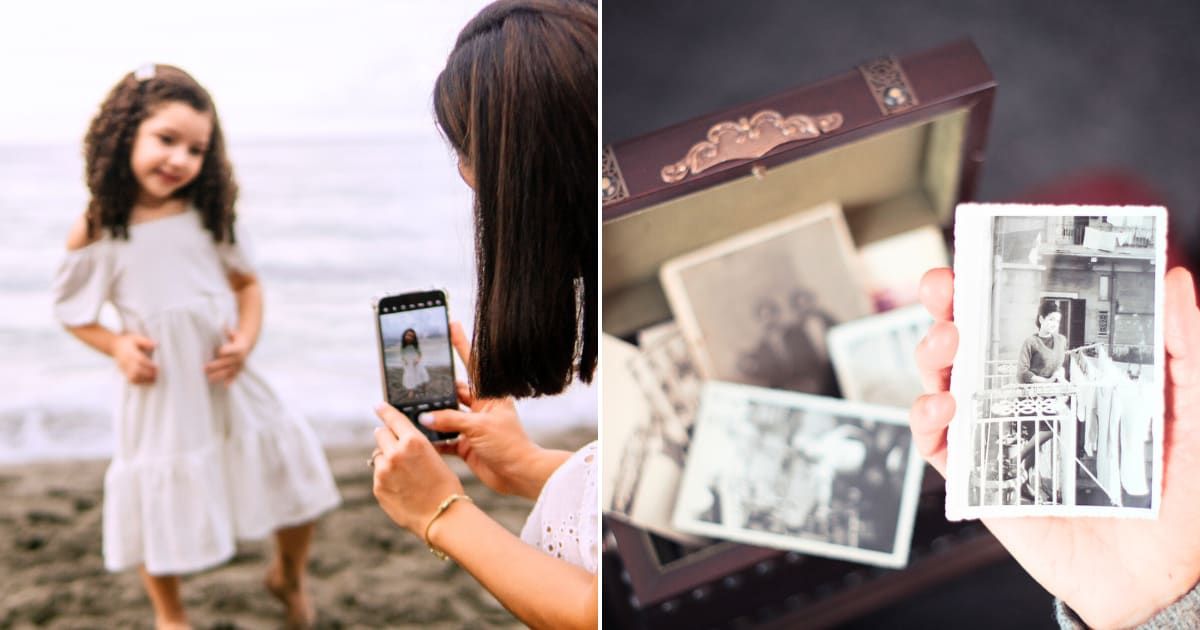 (L) A woman holding a smartphone to taking a photo of a little girl. Representative Cover Image Source: Getty Images | Djavan Rodriguez (R) A person looking at old photographs. Representative Cover Image Source: Getty Images | Nico De Pasquale Photography