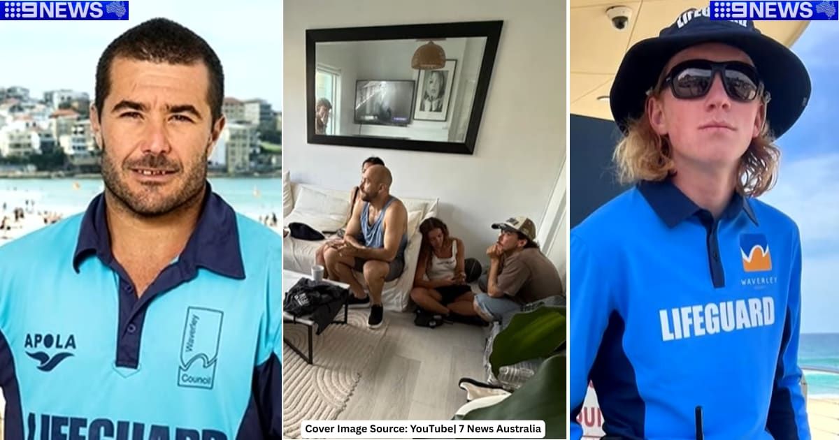 (L) Bondi Beach Lifeguard Daniel McLaughlin who saved a life. (YouTube| 9 News Australia), (C) Beach goers take shelter in resident's home. (YouTube| 7 News Australia), (R) Bondi Beach Lifeguard Rory Davey who saved lives. (YouTube| 9 News Australia)