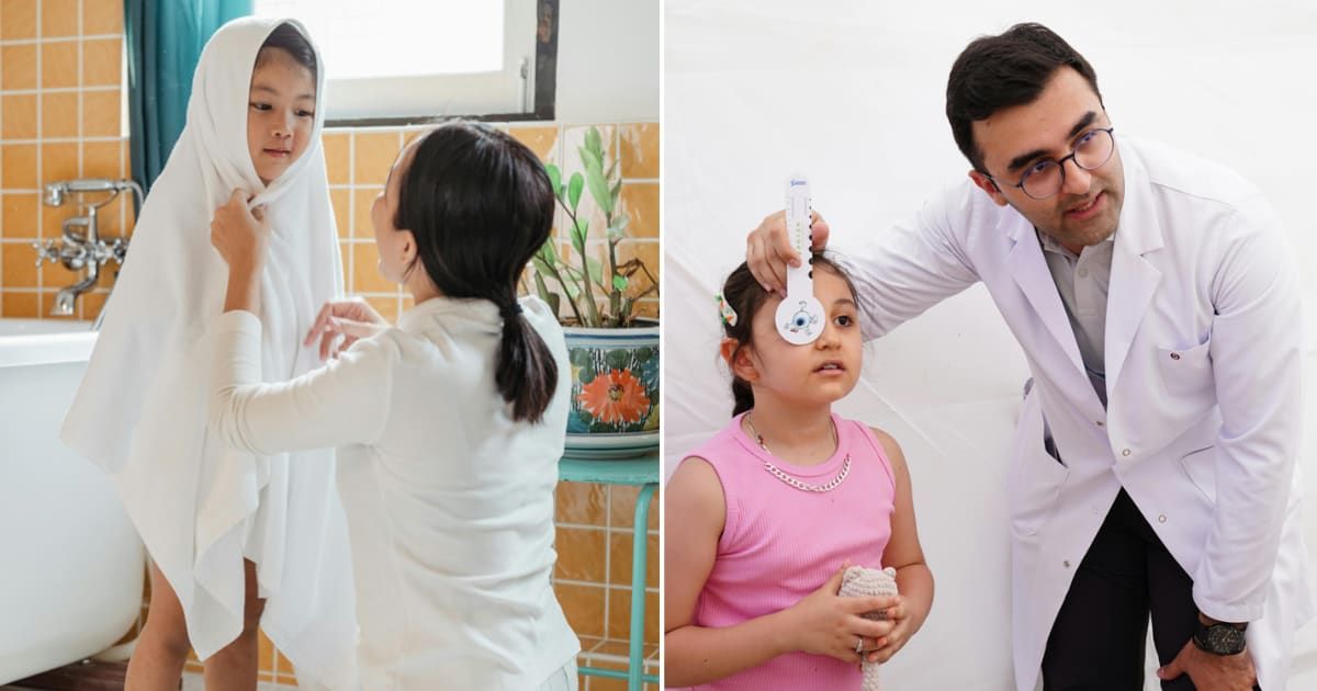 (L)  Woman wiping her daughter. Representative Cover Image Source: Pexels | Ketut Subiyanto (R) Doctor performing eye test on girl.  Representative Cover Image Source: Getty Images | Tahir Xəlfə