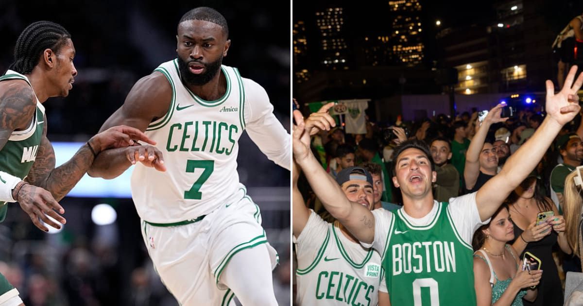 (L)  An image of Jaylen Brown playing a Boston Celtics match. (R) Image of Boston Celtics fan celebrating. Representative Cover Image Source: Getty Images | (L) John Fisher (R) Scott Eisen